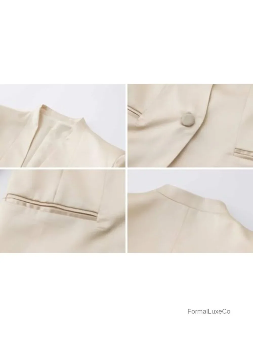 Silk Satin Blazer with 3/4 Sleeves, Pockets, Padded Shoulders - Work Suit Jacket